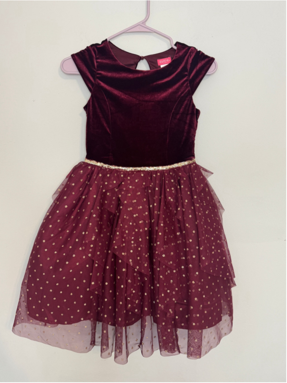 Girls Zunie Formal Dress Size 12 Burgundy Gold Velvet Tulle